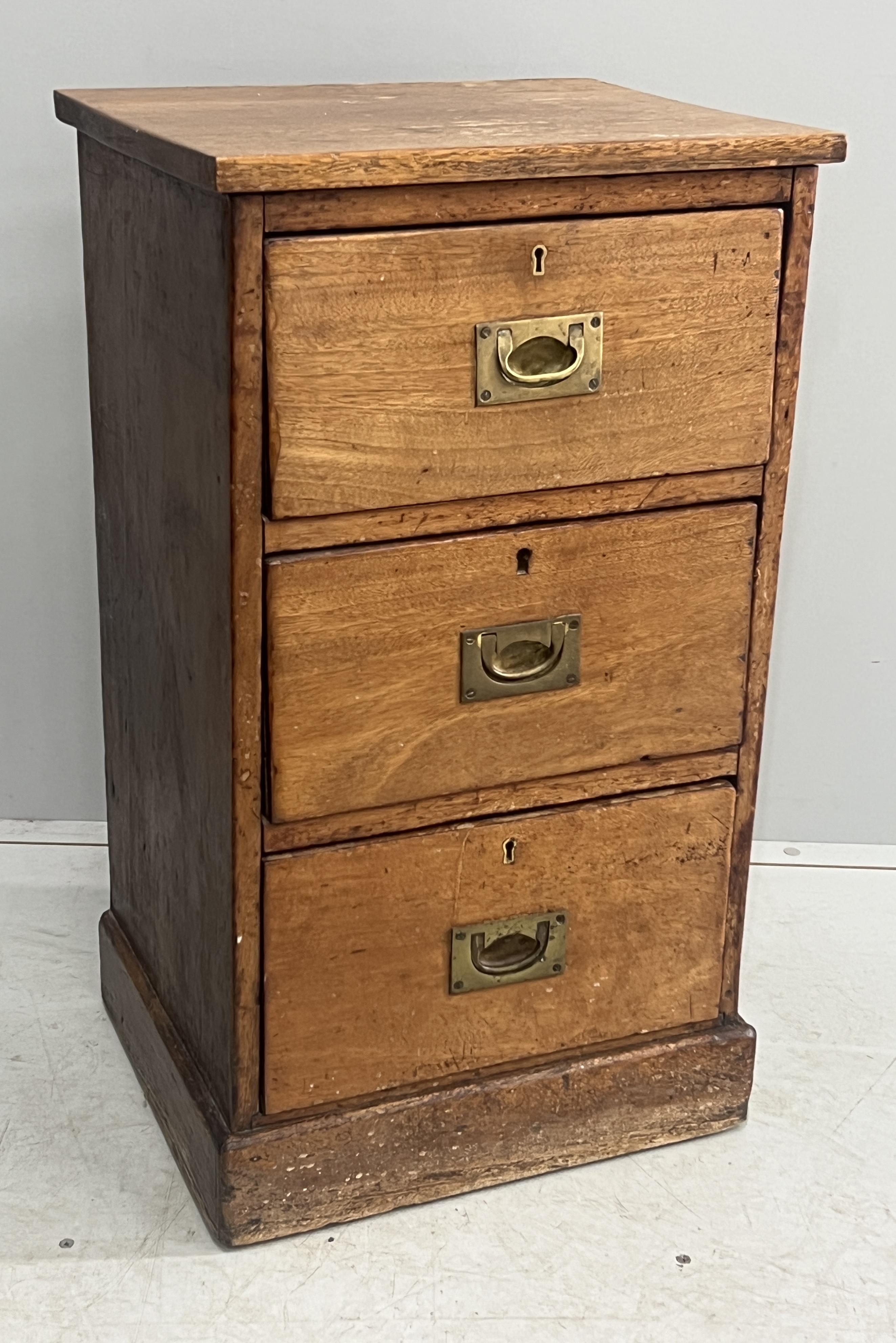 A Victorian mahogany three drawer bedside chest, adapted, width 42cm, depth 35cm, height 74cm